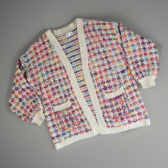 &merci Sweater Women M Multicolor Rainbow Chunky Knit Open Cardigan Tweed Bold - Picture 1 of 7